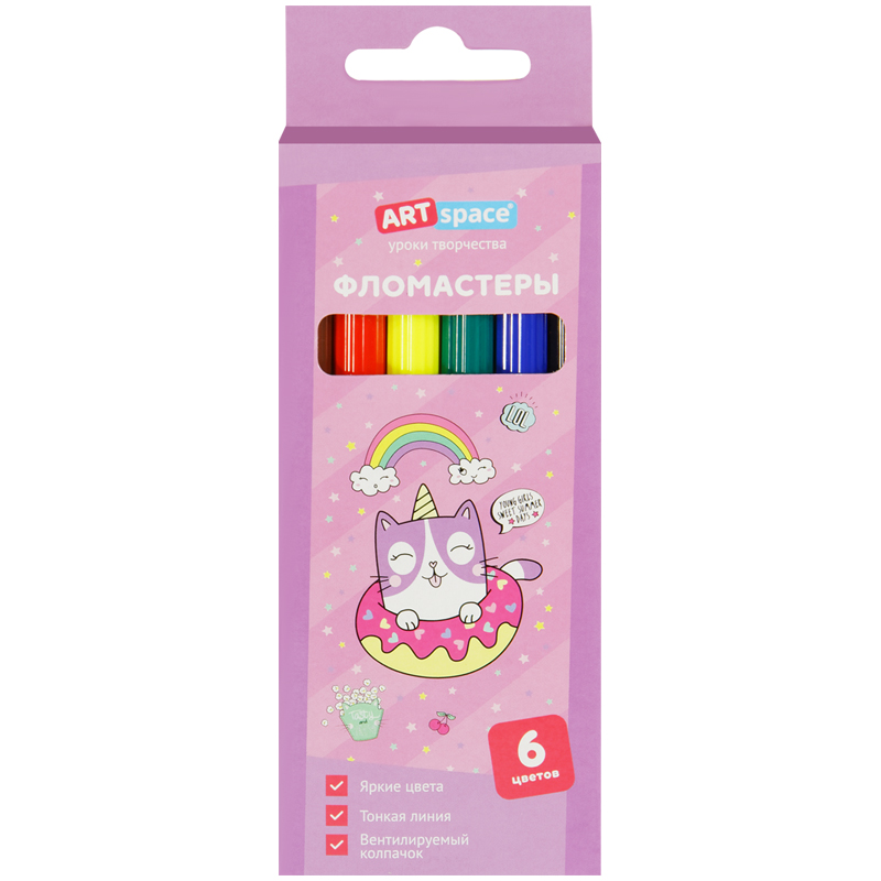 Фломастеры 6цв ArtSpace "Кот-сластена" смываемые, картон, европодвес