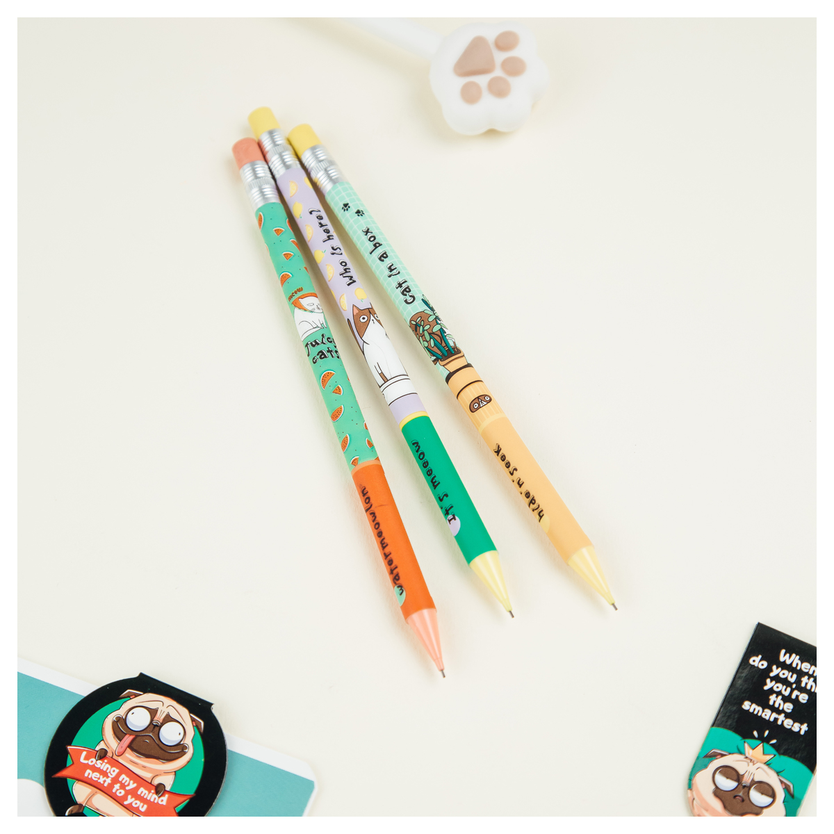 Карандаш механический 0,7мм MESHU "Jucy cats", печать на корпусе, с ластиком ассорти MS_47382